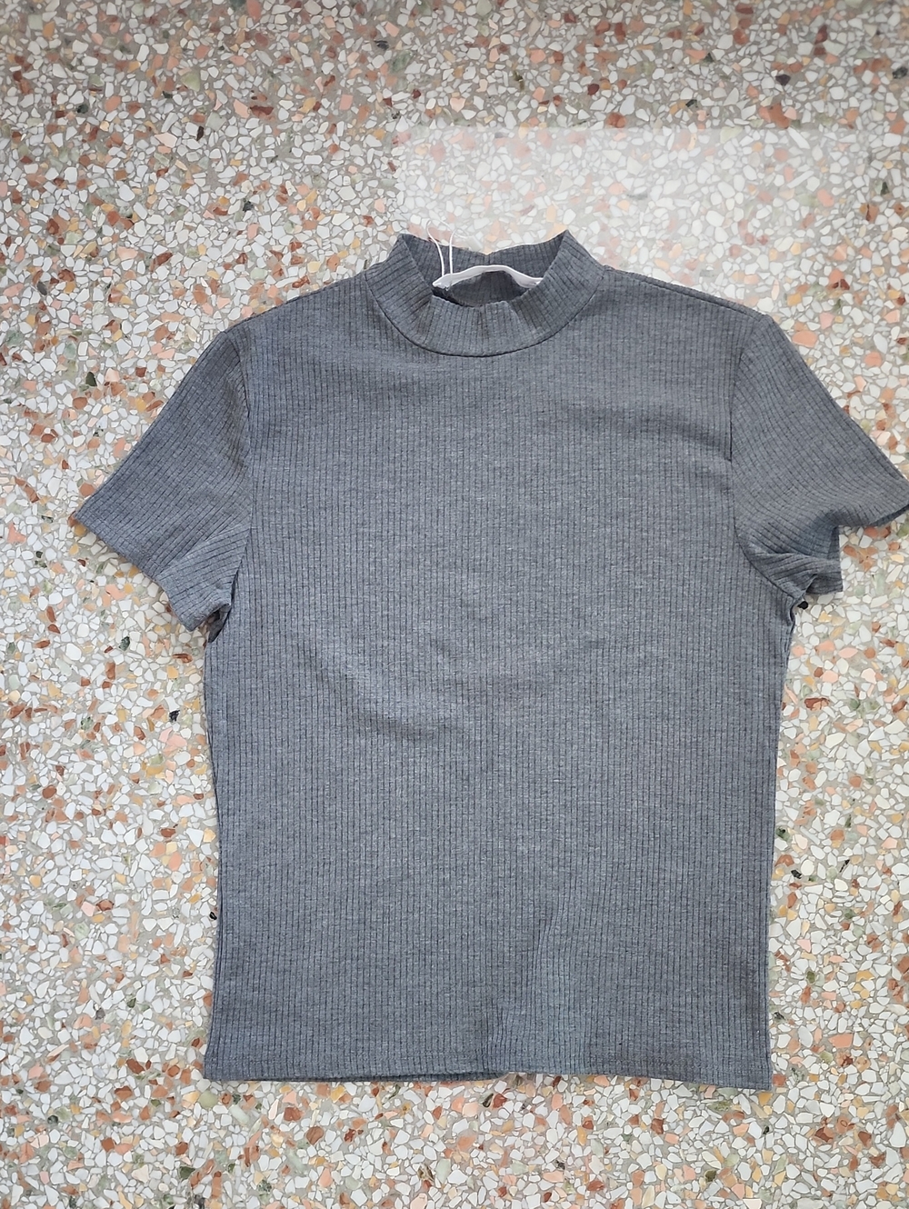 Emma & Sam Charcoal Ribbed Mock Neck Short Sleeve Top